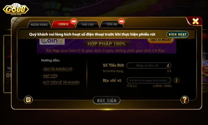 Rút tiền Go88 Rút tiền Go88 qua Coin12 tiện ích